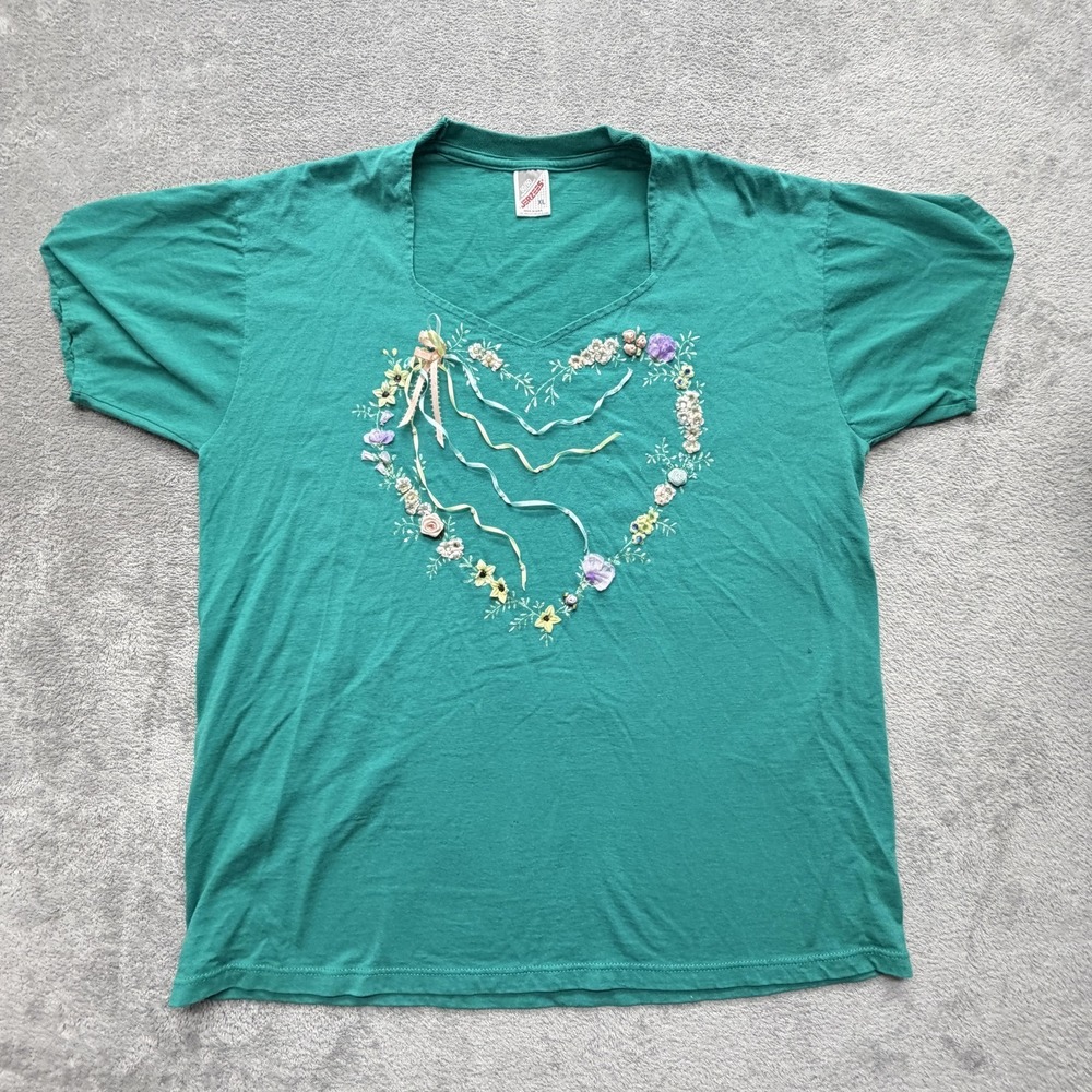 Vintage JERZEES Shirt Womens XL Green V-Neck Embroidered Heart Floral Ribbon Bow
